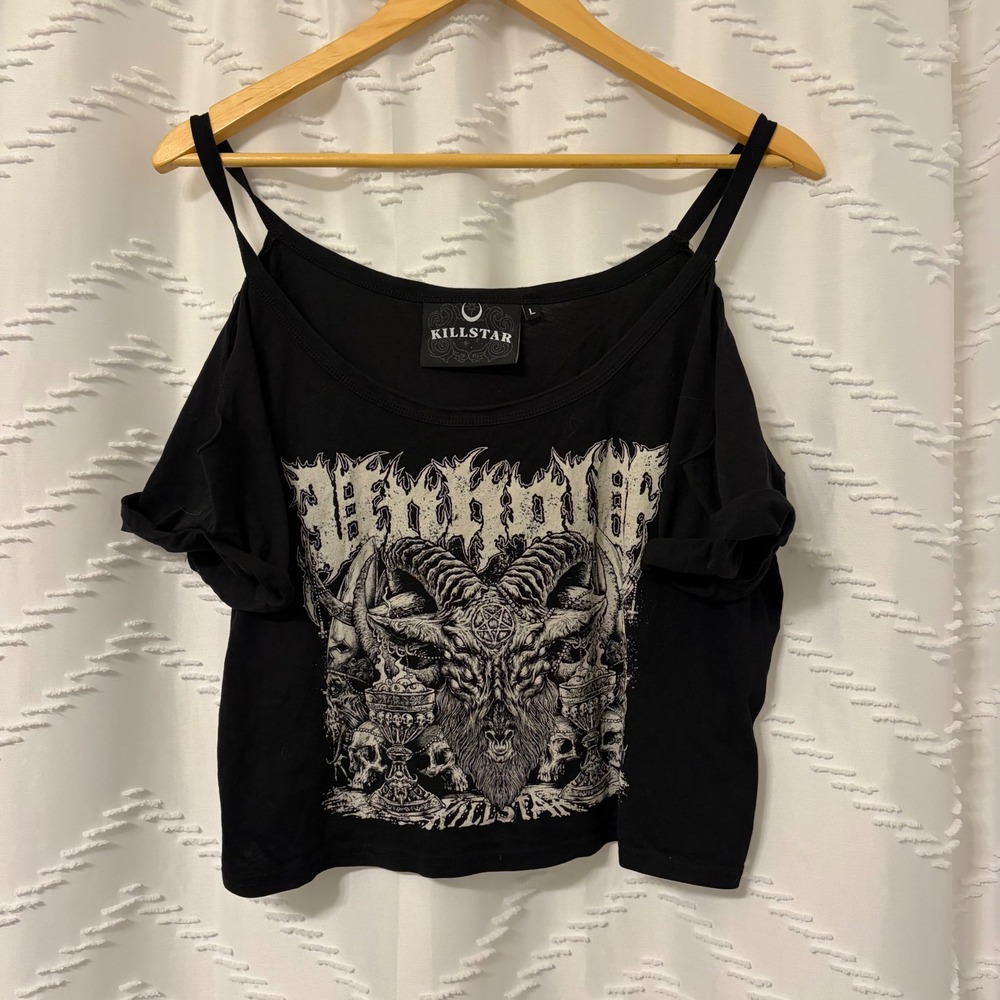 Killstar Baphomet Cold Shoulder Crop Top Black Graphic Goth Occult Large
